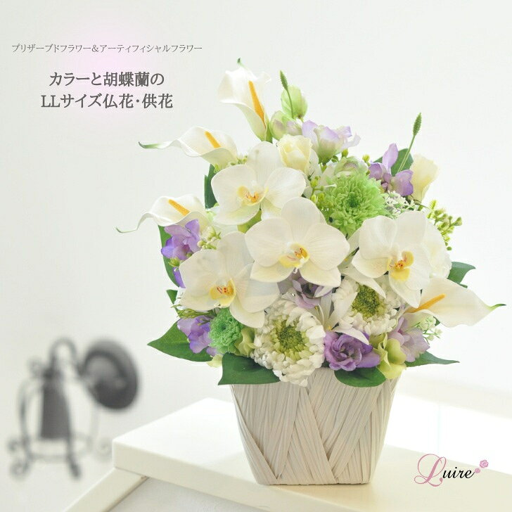 商品情報花材（プリザーブドフラワー）輪菊、ことね菊、小菊、モス（アーティフィシャルフラワー）カラー、胡蝶蘭、デルフィニウム、トルコキキョウ、フリーズネリネ、アジサイサイズ高さ：約33センチ横：28センチ　奥行：25センチ注意書きモニター発色の具合により色合いが異なる場合がございます。【送料無料】カラー 胡蝶蘭 プリザーブドフラワー仏花 アーティフィシャルフラワー 大輪 紫 輪菊 供花 お手入れ不要 LLサイズ仏花 一対可 コチョウラン 仏花 胡蝶蘭 大きめ 仏壇用 対 仏花 胡蝶蘭 カラー 仏花 大きめ仏花 供花 プリザーブドフラワー仏花 お悔み お盆 枯れない仏花 大きめ仏花 供花 フユーネラル 一対可 LLサイズ 胡蝶蘭 アーティフィシャルフラワー仏花 仏壇 アーティフィシャルフラワーのカラー、胡蝶蘭とプリザーブドフラワーの輪菊をメイン花材でお作りした、大きめの仏花、供花です。（アーティフィシャルフラワーは高級造花のことです）※1つ12,000円（送料込み）となっております。2つご購入いただきますと、23,000円となりお得です。お供えしていただいた時に、花材が対になるようにしておつくりいたします。ホワイトの胡蝶蘭とカラーがとても上品な雰囲気です。。白を基調に、胡蝶蘭、グリーンの輪菊を合わせていますので、落ち着いた雰囲気で、お盆・お彼岸・帰省・仏事の贈り物にも大変おススメです。こちらはラッピングご希望の際は、クリアフィルムラッピングとさせていただいております。（無料）●「御供」の札を希望される方は、ご購入時にお選びください。札のデザインは変更となることもございますが、華美とならない落ちついたデザインでお付けします。■サイズ高さ：約33センチ横：28センチ　奥行：25センチ■花材：（プリザーブドフラワー）輪菊、ことね菊、小菊、モス　　　　（アーティフィシャルフラワー）カラー、胡蝶蘭、デルフィニウム、トルコキキョウ、フリーズネリネ、アジサイ 5