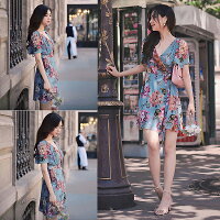 Queenサイズ☆カシュクール風デザインフラワー柄ワンピースC387☆