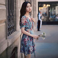 Queenサイズ☆カシュクール風デザインフラワー柄ワンピースC387☆