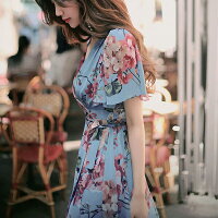 Queenサイズ☆カシュクール風デザインフラワー柄ワンピースC387☆