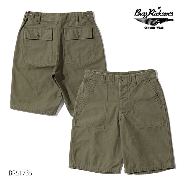 バズリクソンズ/BUZZ RICKSON'S BR51735 TROUSERS MEN'S COTTON SATEEN OLIVE GREEN QM SHADE 107 TYPE 1 CLASS SHORTS ミリタリーパンツ 半パン メンズ ショートパンツ ショーツ オリーブ OLIVE 日本製 米海兵隊