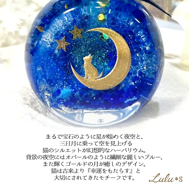 ムーンライト キャット ハーバリウム 猫 ねこ ネコグッズ 宇宙 ギャラクシー 星 月 夜空 三日月 天然石 幻想的 癒し 幸運 お守り インテリア 雑貨 置物 誕生日 記念日 母の日 ホワイトデー 退職 送別 新築 引っ越し お祝い ギフト プレゼント 女性 彼女 妻 友達 ブルーの商品画像 2