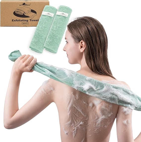 Body Towels - 【訳あり】myHomeBody ストレッチあかすりバスタオル、ボディタオル、ロングタオル、ウォッシュクロス、背中洗い バックスクラバ、体洗う、アカスリ、ナイロン、角質ケアー、スプレイグリーン - 2枚セット B0C3695TL4 X00185UJWP