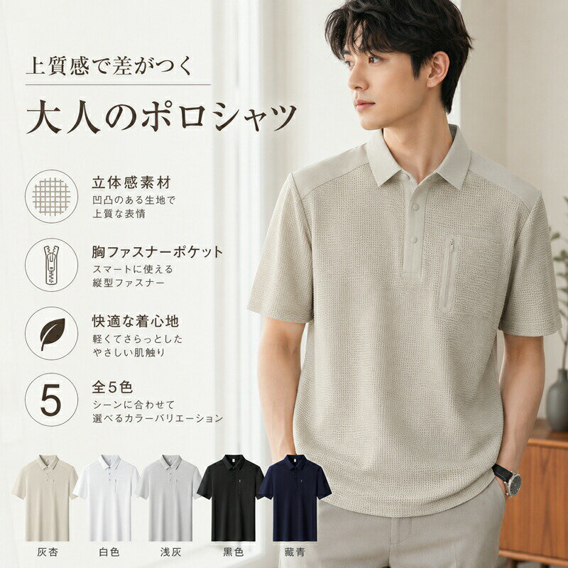 Rakuten - ポロシャツ メンズ 半袖 ワッフル調 ゆったり スナップボタン 胸ポケット ファスナー きれいめ カジュアル トップス 涼しい 春 夏 秋 紳士 大人 ビジネス クールビズ 無地 大きいサイズ M L XL 2XL 3XL 4XL 5色