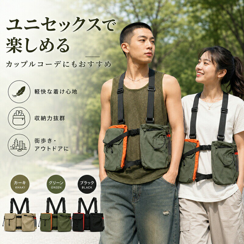 Rakuten - アウトドアベスト 多機能ベスト タクティカルベスト フィッシングベスト メンズ レディース 男女兼用 チェストバッグ チェストリグ 前掛け バッグ代わり 多ポケット 収納 軽量 手ぶら キャンプ 釣り 自転車 登山 旅行 フェス レジャー ストリート
