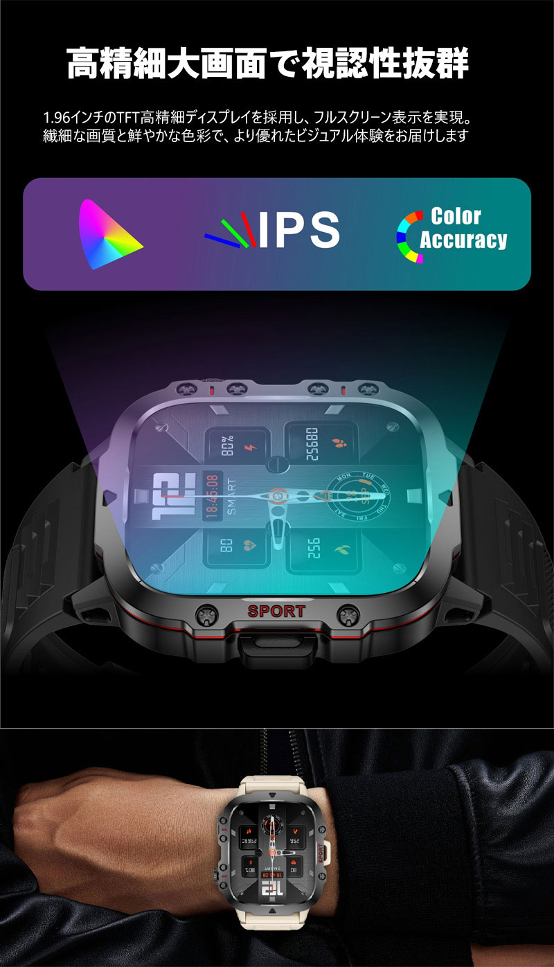 スマートウォッチ 高精細1.96インチ大画面 24時間心拍/睡眠/ストレスモニタリング搭載 50種以上運動モード（ランニング・水泳・ボクシング・バドミントン対応） 超長駆動バッテリー 軍用規格耐久性 日常生活・ジムトレーニング・アウトドアスポーツ・旅行に最適