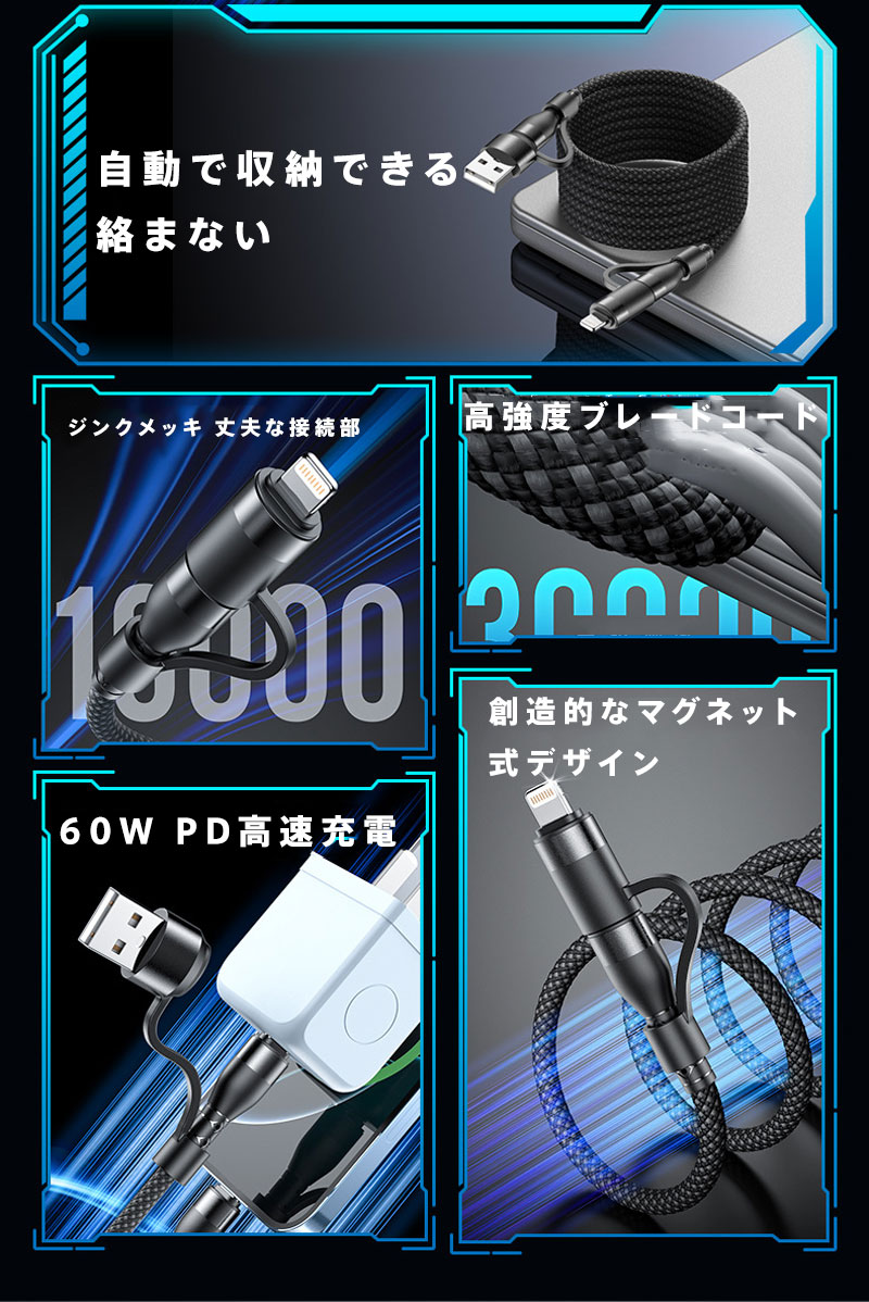 4in1 マグネット式 ケーブル 60W PD高速充電 自動巻き取り 絡まない 頑丈 全磁式 充電コード 4-in-1 多機能 USB-C Type-C iPhone Huawei Xiaomi Samsung スマホ タブレット iPad MacBook 対応 データ転送 急速充電 車載 家庭用 旅行 携帯便利 プレゼント lumi-plusalpha-10001514 LumiPlusalpha サンプル画像3