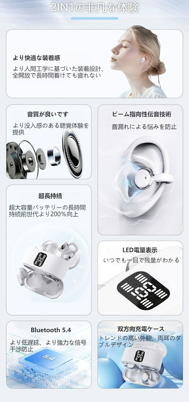 【Bluetooth 5.4】2in1 完全 ワイヤレス イヤホン 高音質 耳掛け/インイヤー両用切り替え可能 最大30時間再生 ENC通話ノイズキャンセリング 超低遅延 ドルビーサウンド 大振膜 バッテリー表示 充電ケース付き 音楽 ゲーム 通話 スポーツ 運動 仕事 学習に最適 lumi-plusalpha-10001896 LumiPlusalpha サンプル画像3