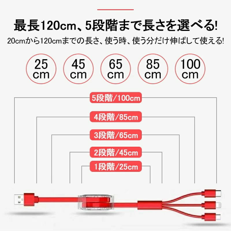 充電ケーブル 3in1 iPhone Android Type-C microUSB タブレット スマホ スマート 充電 ポイント 消化巻き取り式 充電 コード ケーブル 柔軟スマホケーブル データ転送 断線防止 高耐久 断線しにくい 2