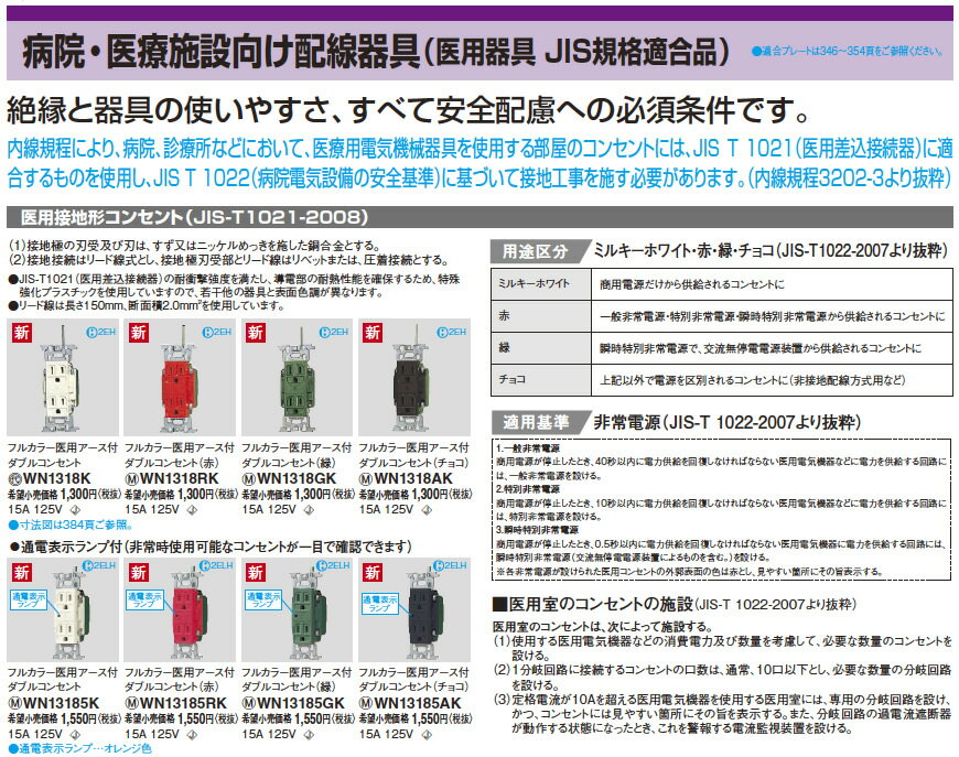 【Panasonic】病院・医療施設向け配線器具医用アース付ダブルコンセント通電表示ランプ付(オレンジ色)医用器具JIS規格適合品15A 125VWN13185K