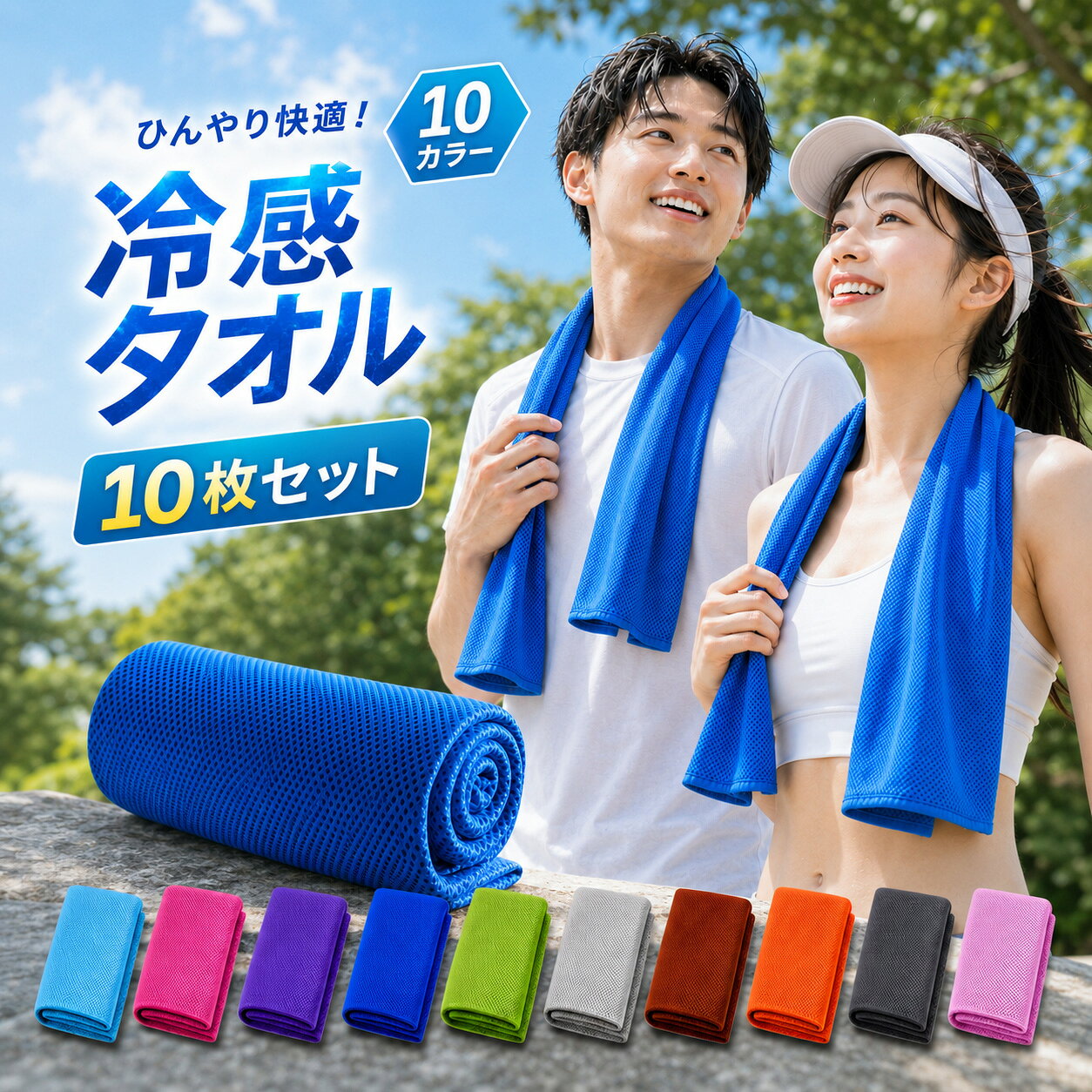 商品名 【選べる10枚セット】クールタオル 素 材 冷感繊維材質 サイズ (約)76x28cm 重量：約30g カラー ライトピンク,ライトグレー,ピンク,スカイブルー,ブラウン,バイオレット,グレー,ブルー,オレンジ,グリーン 備考 紫外線対する防御率は約98％、UPF50+で屋外で冷却タオルで肌を守れます。熱中*になクールタオル。ひんやりと気持ちがいいので、屋外作業だけではなく、長時間のパソコン作業での、目の際も活用しています。 検索用キーワード 振るだけ簡単 冷感タオル クールコアタオル 冷却タオル ひんやり 冷感タオル 冷却 スポーツタオル クーリングタオル スポーツ マフラータオル ひんやりタオル サッカー バスケ プレゼント クールタオル セット 子供 冷感 タオル 冷感タオル こども キッズ 熱中症対策 グッズ かわいい ひんやりタオル こども 冷却タオル ネッククーラー キッズ おしゃれ 大判 ランニング おすすめ ひんやり 収納 日焼け対策 冷える 100枚セット 10枚セット 大量注文 熱中症対策グッズ