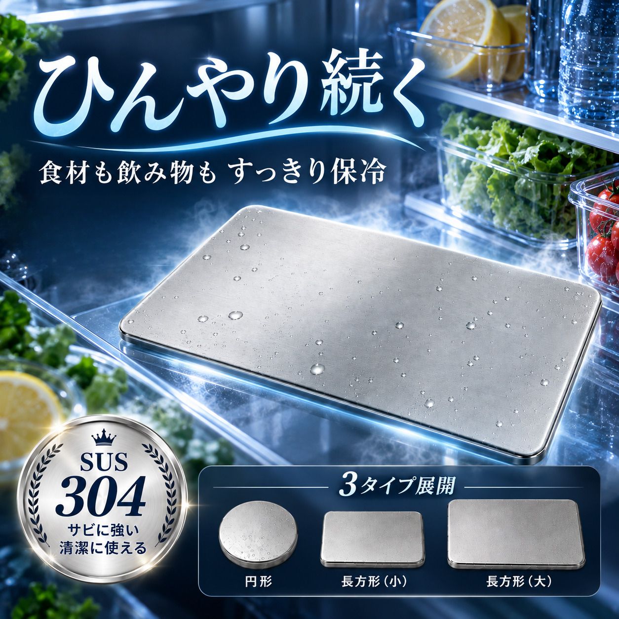 商品名 ステンレス保冷剤 タイプ 円形/長方形(小)/長方形(大) 素材 SUS304ステンレス 備考 - SUS304ステンレス外装のひんやり冷却プレートが冷たさをしっかり伝え、お弁当・飲み物・食材の保冷をスマートにサポートします。 - 薄型フラット設計で冷凍庫や保冷バッグの中でもかさばりにくく、使いたい時にサッと取り出して毎日使いやすい保冷剤です。 - 固体タイプの密封構造で液漏れしにくく、結露によるベタつきも抑えやすいのでバッグやお弁当箱まわりをすっきり保てます。 - 使用後は水洗いして乾かすだけでお手入れ簡単。繰り返し使えるので、使い捨てを減らして経済的に使えます。 - 円形・長方形（小）・長方形（大）の3サイズから選べ、通勤のお弁当から買い物・キャンプ・釣り・防災用の備えまで幅広く活躍します。 ※ お使いのモニター設定、お部屋の照明等により実際の商品と色味が異なる場合がございます。 ※ 生産時期により、色・サイズ・デザインが多少異なる場合がございます。予めご了承ください。 ※ 当店サイト内の文章・画像等の権利は全て当店に帰属します。無断複製は固く禁じます。 検索用キーワード 保冷剤 アイスパック ステンレス 保冷剤 ステンレスアイスパック SUS304 304ステンレス 蓄冷剤 冷却プレート 保冷プレート アイスプレート メタルアイスパック 長時間 強力保冷 急速冷却 長持ち 繰り返し使える 再利用可能 冷蔵 冷凍 冷蔵庫 冷凍庫 冷蔵冷凍対応 丸洗いOK お手入れ簡単 結露しにくい 衛生的 錆びにくい ニオイ移りにくい 漏れにくい 丈夫 耐久性 小型 ミニ 薄型 軽量 コンパクト スリム すき間収納 保冷バッグ クーラーボックス クーラーバッグ ランチバッグ お弁当 弁当用 ランチ用 食品保存 食材保存 食品対応 食品接触OK アウトドア キャンプ 釣り BBQ ピクニック レジャー 行楽 買い物 スーパー 車中泊 スポーツ 部活 運動会 通勤 通学 オフィス 屋外作業 現場作業 防災グッズ 防災用品 災害対策 停電対策 非常用 備蓄 避難グッズ 暑さ対策 熱中症対策 夏の必需品 節電対策 省エネ 冷蔵代用 クールパック コールドパック 冷感グッズ 冷却グッズ ひんやりグッズ 冷却剤 凍結パック 急速凍結 高保冷 超保冷 保冷持続 冷却持続 冷たさキープ ひんやり長持ち 低温キープ 飲み物冷却 ドリンク冷却 缶冷却 ペットボトル冷却 ビール冷却 肉 魚 野菜 果物 生鮮食品 花見 海水浴 プール 携帯用 持ち運び