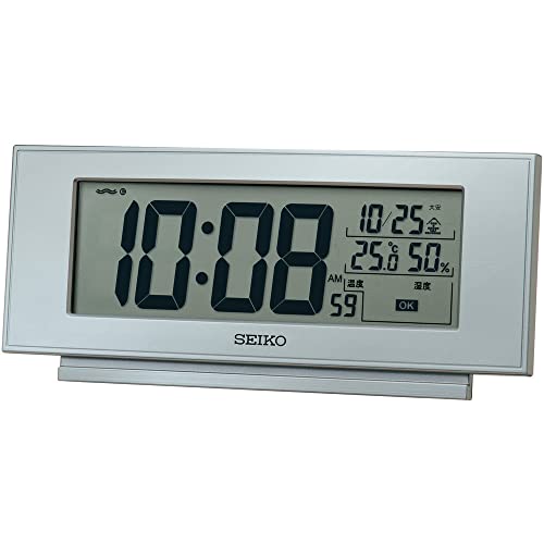 セイコークロック(Seiko Clock) 置き時計 銀色メタリック 本体サイズ: 7.7×17.4×3.8cm 目覚まし時計 電波 デジタル