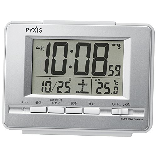セイコー クロック 目覚まし時計 電波 デジタル カレンダー 温度 表示 PYXIS ピクシス 銀色 メタリック NR535W SEIKO