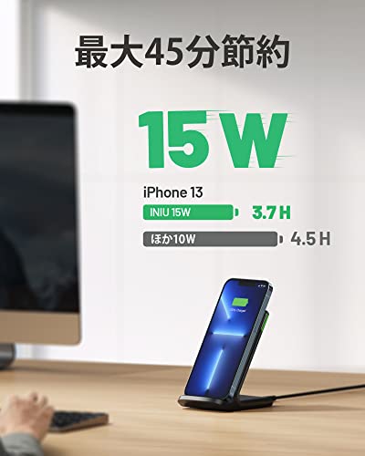 INIU 15W ワイヤレス充電器急速充電 PSE認証済 Qi認証 置くだけ充電 LEDインジケータースマホ スタンド 周囲光センサー PD Q