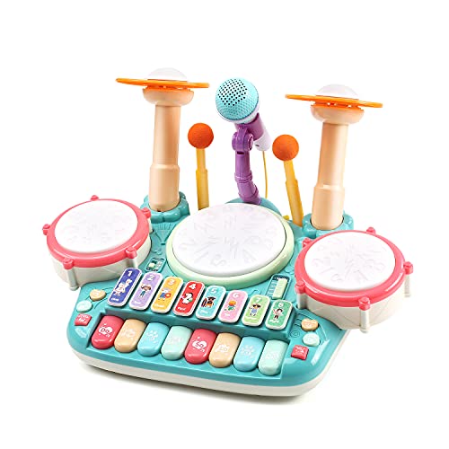 Cute Stone 楽器 おもちゃ 5in1遊び方 ドラムセット ピアノ 子供おもちゃ マイク付き 4種類 ピアノモード ドラムモード 鍵盤楽