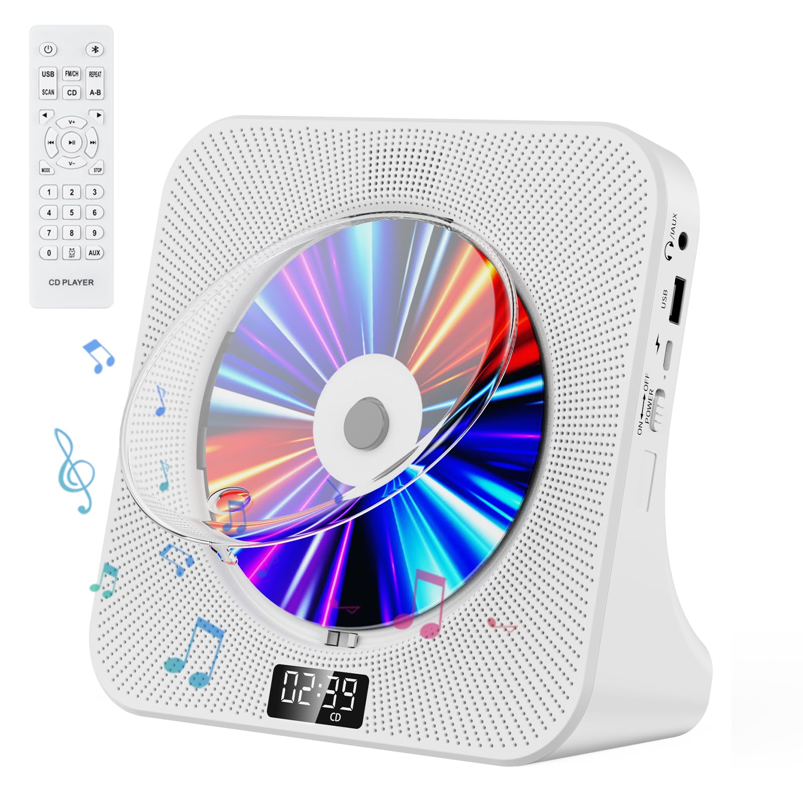 Fohil CDプレーヤー デスク Bluetooth受信/送信 HiFiスピーカー内蔵 CDプレイヤー 多機能 FM/LINE/USB再生対応