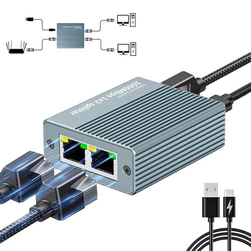 LBSC LAN 分配器 LAN ケーブル 分岐 RJ45 1000Mbps 1入力2出力 2台同時使用 USB Type-C電源ケーブル付き