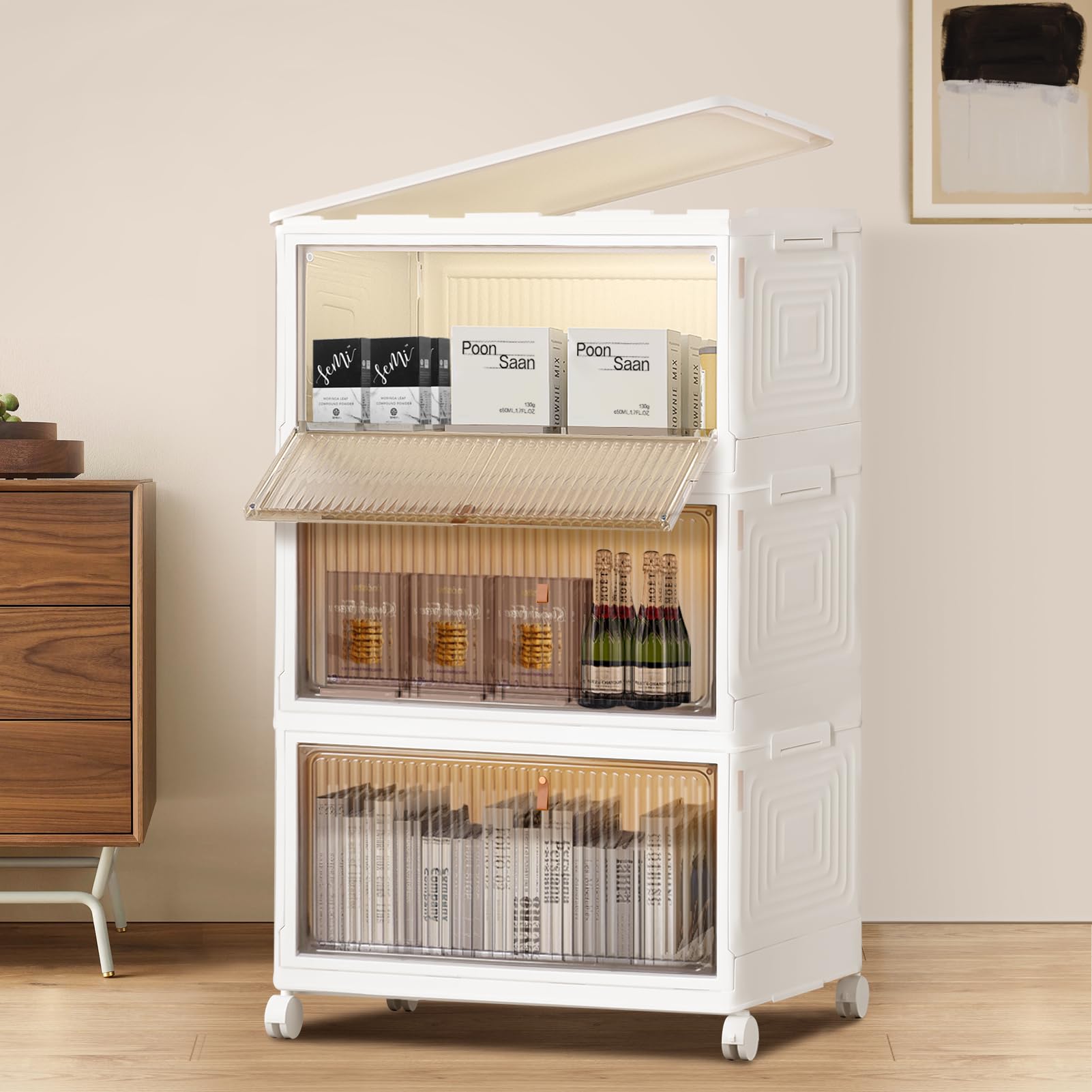 ホームブリス 収納ボックス 積み重ね 折り畳み収納ボックス 前開き 蓋付き 収納ケース マグネット式扉 キャスター付き 組立簡単 透明 おしゃれ