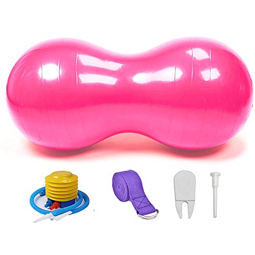 ピーナッツ型 バランスボール ヨガ エクササイズボール ジム 初心者 子供 大人 超耐荷重 フィットネスバンド フットポンプ付き (ピンク)