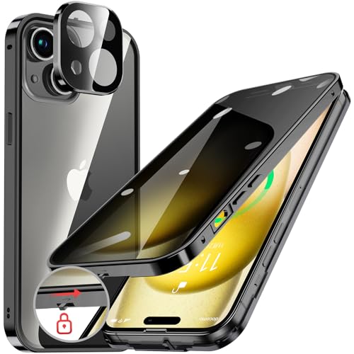 Rakuten - HGUTREY覗き見防止・自動ポップアップボタン iPhone15 用 ケース ロック付きストラップホール付き一体型レンズ保護 両面9H強化ガラ