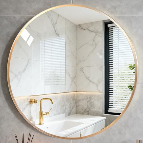 鏡 壁掛けミラー 丸鏡 円形ミラー バスルーム鏡 ウォールミラー アルミフレーム 化粧鏡 玄関 洗面 トイレ(ゴールド 直径50cm)