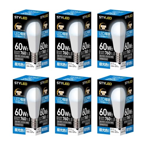 60W(調光器対応)昼光色/6個/HA6D17D6・Size:6個Style:60W(調光器対応)Color:昼光色・パッケージ個数:1・調光器対応全光束:760lm(小形電球60W相当)/消費電力:6.9W・光色:昼光色(6500K)・設計寿命：40000時間(設計寿命は値ではありません)・本体サイズ：直径35×高さ71ミリ・配光角：230度/期間：1年調光機能のついた照明器具に使用。ミニクリプトン電球より低消費電力。 密閉器具にも使用。 ワイドに明るく照射する230度の広配光。 シャンデリア・ライティングバー・ダウンライト・スタンドライトなど幅広い用途で使用。 設計寿命40000時間の高寿命。明るさ長持ち、の手間も省けます。(※1) 発光面は、誤って落としても割れにくいポリカーボネート(PC)製を採用。 瞬時に明るく、繰り返しのオンオフにも強い。オンオフ回数が多い場所でも安心してご使用できます。 (※1)設計寿命は定められた温度設計に基づき計算した設計寿命であり、この寿命をするものではありません。 次のような器具には使用できません。 断熱材施工器具(SB・SGI・SG形表示器具) 誘導灯・非常用照明器具 白熱電球専用の自動点灯器具・水銀灯などのHIDランプ器具 (このほか使用器具の種類によって寸法、熱がこもりやすい箇所、その他の環境的要因により使用できない場合があります) 調光器具でも次のような器具には使用できません。 人感センサー付き調光器・段調光型調光器・リモコン式調光器・記憶式調光器(あかりのシーンをボタン1つで再現できる調光器)・定格1000W以上の調光器。 調光器を2台以上お使いの場合、また調光器の種類によっては、ランプがちらつくことがあります。 調光時にランプのちらつきが発生する時は、ちらつきが発生しない位置に調光器を操作してご使用ください。 調光器を操作することにより、電球からわずかに音がする場合がありますが故障ではありません。 水滴のかかる状態や湿度の高い所、結露が起こる場所では使用しないで下さい。 電球とは光の広がり方(配光)が異なりますので、器具の種類(ランプが横向きや斜めに取り付けられている器具など)によっては、 適切な配光や明るさが得られない場合があります。 ランプの分解や改造は行わないで下さい。部品のを行うことはできません。