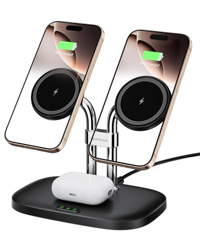 iPhone 17/16対応 ワイヤレス充電器 2台、マグセーフ iphone 充電スタンド 2台同時、マグネット式 置くだけ、iPhone 1