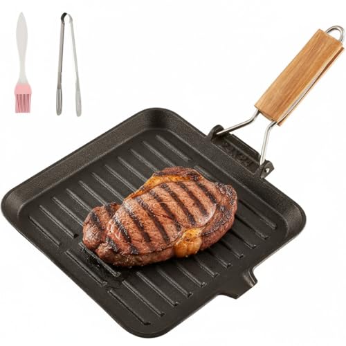 KingCamp グリルパン 24cm 鋳鉄製 IH対応・直火OK・ノンコーティング 折りたたみハンドル付き 焼肉プレート ステーキフライパン