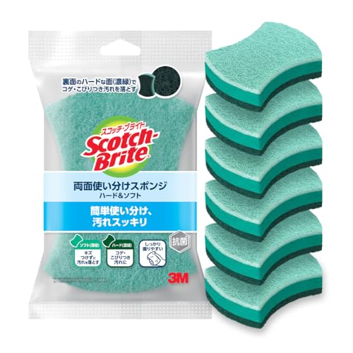 16.両面使い分けタイプ6個グリーン/くびれ型/DSS-01K-6P A・Style:16.両面使い分けタイプ6個・パッケージ個数:1・製品情報入り数：6個・これひとつで洗い分けしつこい汚れもデリケートな食器も、2種類の不織布素材で汚れをきれいに落とす・コゲ・こびりつきに濃緑色の面は研磨粒子つきのナイロン不織布を使用しているため、鍋底のコゲやこびりつき汚れをしっかり落とします。・キズつけない薄緑色の面は研磨粒子なしのポリエステル不織布を使用。デリケートな食器もキズをつけずに汚れを落とします。・にぎりやすい真ん中がくびれたしっかり握りやすい形状です。●両面スポンジ：6個入り ●汚れに合わせて適した面を使用できる両面使い分けスポンジ ●薄緑面はフッ素加工のフライパン、ホーロー、ココット鍋などの調理器具や、お皿や茶碗に使用可 ●濃緑面は研磨粒子入り不織布で鍋底のコゲやこびりつき汚れをしっかり落とす ●抗菌ウレタンスポンジを使用しているため泡立ちやすく、衛生的 ●真ん中がくびれている握りやすい形状