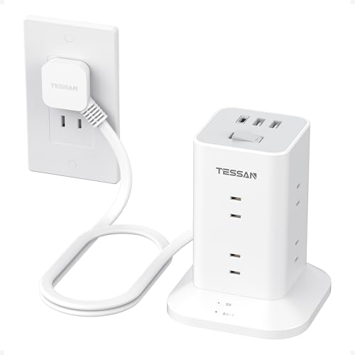 CD-RW - 電源タップ タワー型 薄型プラグ 延長コード 1m 8個AC コンセント 3USBポート付き 180°スイングプラグ TESSAN テーブルタッ