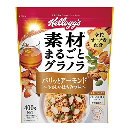 -/400g×1個/4901113302929・PatternName:単品・1食分(40g)当たりエネルギー・・・175kcal たんぱく質・・・3.6g 脂質・・・5.2g 炭水化物・・・29.5g 食塩相当量・・・0.4g 糖質・・・27.3g 食物繊維・・・2.2g 鉄・・・1.8mg ビタミンB1・・・0.31mg ビタミンB2・・・0.38mg ビタミンB6・・・0.34mg ビタミンD・・・1.43μg 葉酸・・・63μg・ブラント名:ケロッグ・メーカー名: 日本ケロッグ・商品の重量: 411.0grams・原材料: シリアル加工品(全粒オーツ麦、植物油脂、米シリアルパフ(米粉、小麦粉、砂糖、麦芽粉、食塩)、砂糖、シリアルパフ(コーンフラワー、小麦粉、米粉、砂糖、食塩)、オーツ粉、転化糖、など。商品紹介 パリッとしたアーモンドに、カリッとしたかぼちゃの種を加え、様々な食感がお口の中に広がります。また、精製した穀物より多くの栄養を含む全粒オーツ麦をグラノラ素材の主原料とし、穀物も具材もが限り手を加えず使用しています。香ばしくて粒揃いのケロッグ自慢のコーンフレークとヨーロッパ産の味わい深いオーツ麦を使用したグラノラの味と食感のコントラストをお楽しみいただけます。香ばしく焼き上げたグラノラにハチミツで優しい甘みを加え、アーモンドの心地良い食感で、自然な味わいを楽しめる味に仕上げました。 原材料・成分 シリアル加工品(全粒オーツ麦、植物油脂、米シリアルパフ(米粉、小麦粉、砂糖、麦芽粉、食塩)、砂糖、シリアルパフ(コーンフラワー、小麦粉、米粉、砂糖、食塩)、オーツ粉、転化糖、オーツパフ、小麦粉、糖蜜、ココナッツパウダー、麦芽エキス、食塩)(ベルギー製造)、シリアルフレーク(コーングリッツ、砂糖、麦芽エキス、食塩、蜂蜜、ぶどう糖果糖液糖)、かぼちゃの種、アーモンド/香料、乳化剤(大豆を含む)、重曹、酸化防止剤(ビタミンE)、鉄、ピロリン酸鉄、ビタミンB2、ビタミンB6、ビタミンB1、酸味料、葉酸、ビタミンD