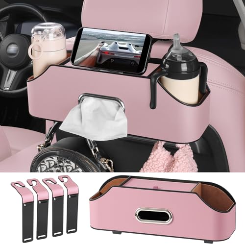 Sancaral 車?レザー製多機能後部座席・リアシート用ドリンクホルダー（ティッシュボックスとフック付き），ヘッドレストカップホルダー..