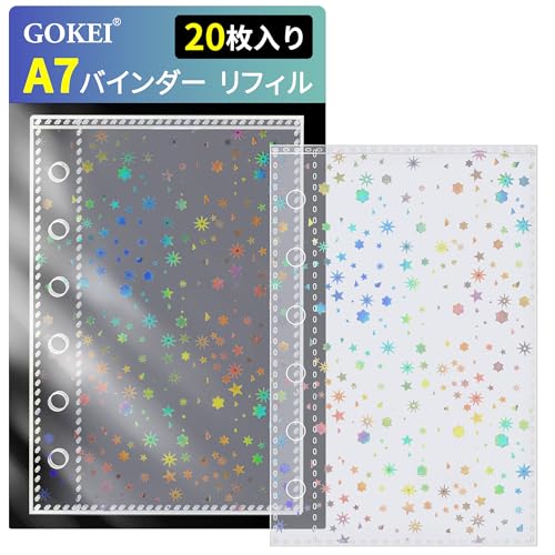 プラスチック、シンプルスター/20枚/-・Color:スターSize:20枚・A7サイズ シール帳台紙/カードポケット/カードスリーブ A7バインダー用リフィル×20枚セット！（3層構造/プラスチックシート/ミニ6穴） 内寸約6.9cm×12.5cmのカードスリーブで、各種トレカや写真をしっかり収納、バインダーに穴のないカードや写真を追加できます。・しっかり厚み・柔らか素材 0.08mmのPPフィルムを2枚使用したリフィルを3枚重ね、合計0.24mmの厚さで頑丈に仕上げました。適度な厚みがあるためシワになりにくく、快適にページをめくれます。中央に仕切りあり、柔らか素材で、開閉しやすい。推し活やシール整理がもっと楽しく、もっと便利に！・両面ポケット＋仕切りの3層構造 両面カードポケットに加え、中央に仕切りを設けた3層構造。横幅を広めに設計しており、リフィルやカードがはみ出しません。手のひらサイズで持ち運びやすく、防水性・耐汚性に優れているので、汚れてもサッと拭くだけで簡単にお手入れです。・高透明・丈夫なリフィル 超高透明度のあるPP素材を採用し、丈