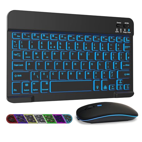 ブラック/-/Bluetooth keyboard・Color:ブラック・パッケージ個数:1・タブレット キーボードマウスセットこのタブレット用キーボードマウスはBluetooth接続で、10mの範囲内で動作します。Windows/ios/androidシステムに対応し、Bluetooth機能を持つタブレット、iPad、ノートパソコン、iphone、スマホに対応します。・7色バックライト搭載ワイヤレスキーボード：7色LEDバックライト（ブレスライトモード/常灯モード切替）を採用したBluetoothキーボード。シザースイッチ機構で静かなタイピングを実現し、暗所でもカラフルな光に包まれて作業。・3デバイス間高速切り替え：最大10mのBluetooth接続。Fn+Q/W/Eキー同時押しで3台の登録デバイスを瞬時切り替え。接続済みデバイスは自動記憶されるため、即座に入力開始。自宅・オフィス・外出先で便利に使用。・超薄型・軽量設計：コンパクトサイズ（24.8×15×0.4cm/重量187g）の極薄ボディ。バックパックや鞄に収納してもかさばらず、持