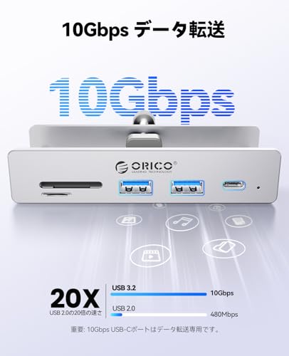 ORICO 10Gbps USB ハブ クランプ式 5ポート拡張 (USB-A 3.2*2、USB-C 3.2、SD/TF 3...