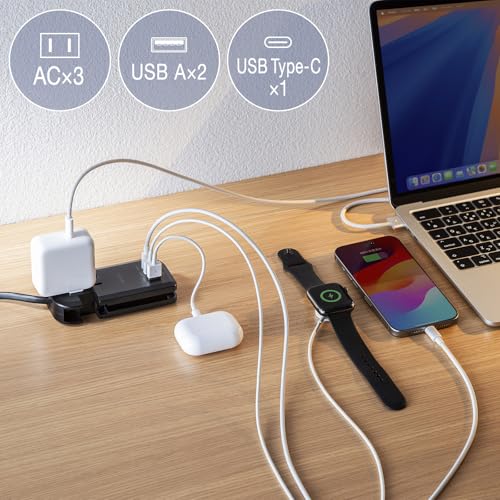 サンワサプライ 電源タップ コード巻き取り式 PD33W (ACコンセント3個口＋Type-C×1＋USB-A×2) モバイル 小型 ブラック (3)