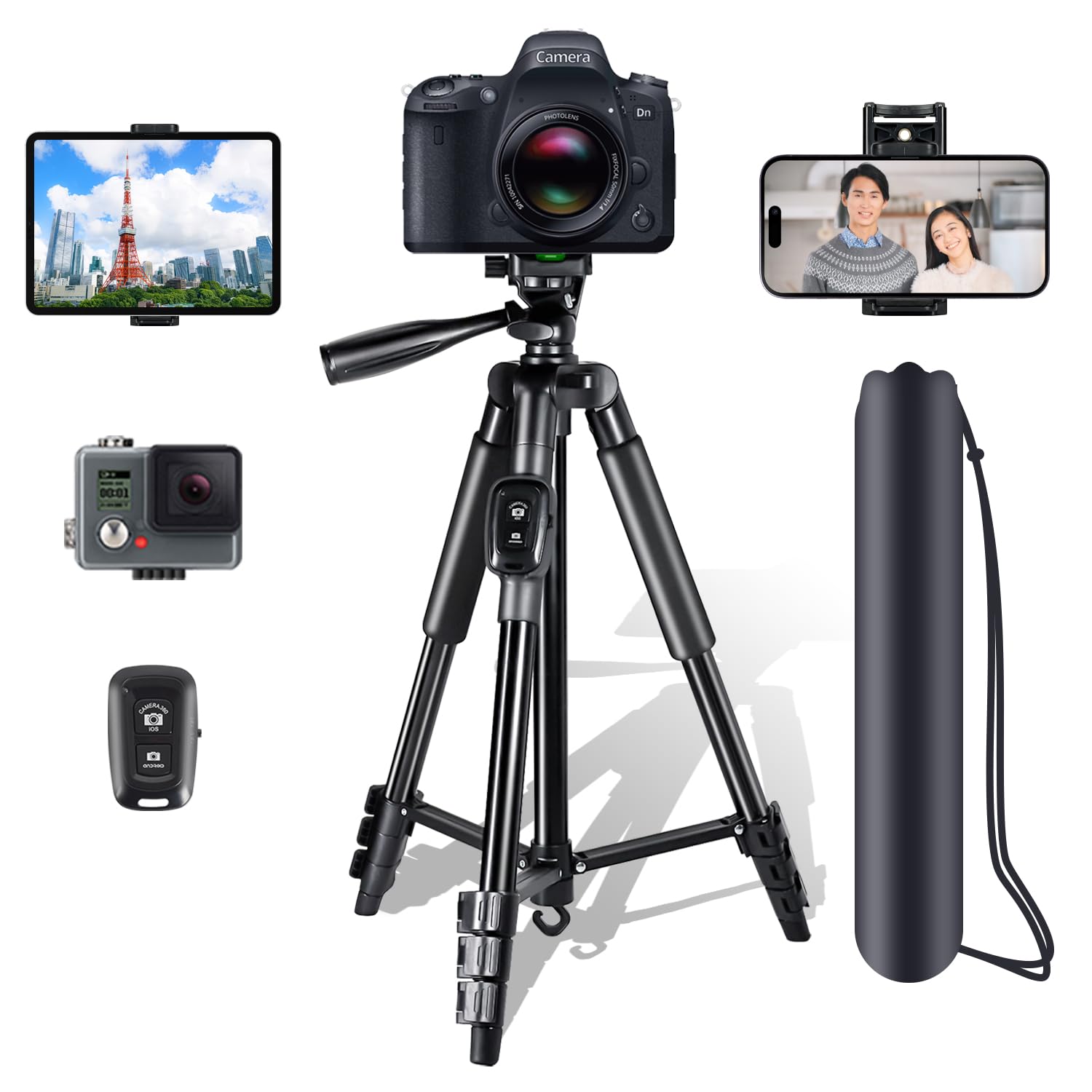 スマホ 三脚 最大長158センチ 3WAY雲台 5段階伸縮Bluetoothリモコン付き三脚 スマートフォン 三脚 軽量 ミニ三脚 収納袋付き
