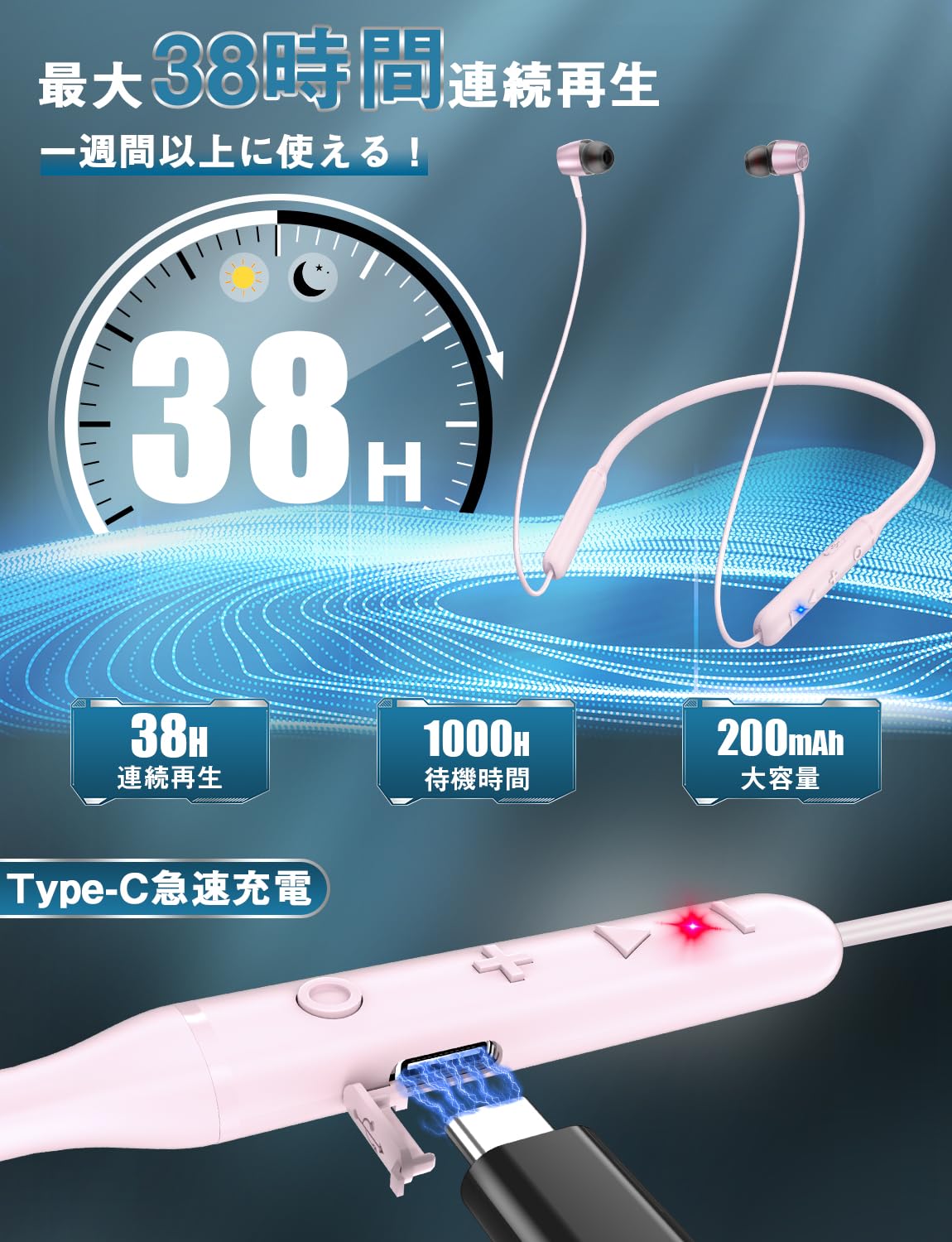 新登場ネックバンドイヤホン・38時間連続再生Bluetooth イヤホン ネックバンド型 ワイヤレスイヤホン CVC8.0ノイズキャンセリング luminous81023-10106613 ルミナスエイト 楽天市場店 サンプル画像2