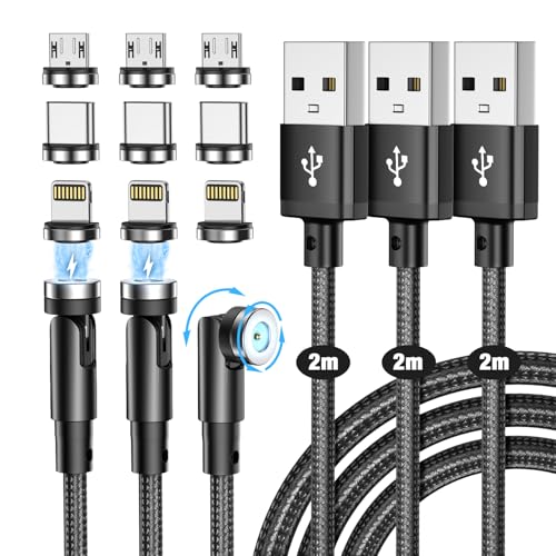マグネット 充電ケーブル 急速充電USB充電 磁気ケーブル2M+2M+2M/3本セット/9個磁気端子/360度+180度回転 マグネット式USB