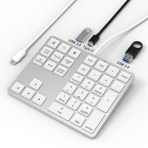 テンキー有線、薄型、34 キー、Tab キー付きテンキー、USB ハブ付き (USB 3.0 ポート x 2 および USB C ポート x 1