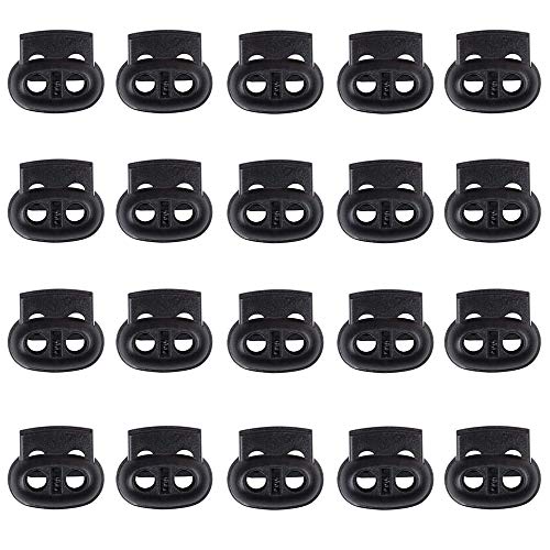 スプリングコードストッパー 2つ穴 2本用コードロック 丸型 穴径約6mm ブラック（20個入り） トグルス..