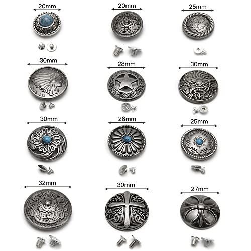 サムコス 12個セット コンチョ ボタン 20mm〜32mm ねじ式 インディアン 十字架 ターコイズ 唐草 龍 五芒星 クラフト レザークラフの商品画像 2