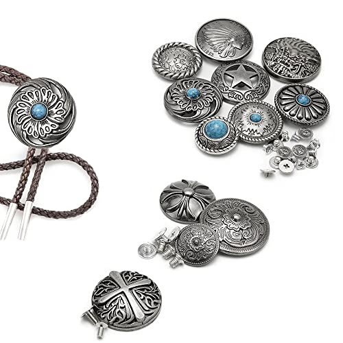 サムコス 12個セット コンチョ ボタン 20mm〜32mm ねじ式 インディアン 十字架 ターコイズ 唐草 龍 五芒星 クラフト レザークラフの商品画像 3