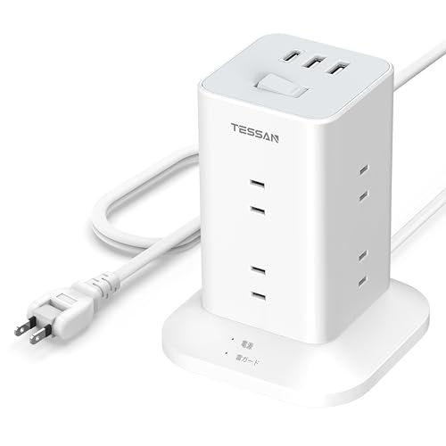電源タップ タワー mini型 3m 延長コード Type-C付 8個AC口 USB-C 1ポート USB-A 2ポート 180°スイングプラグ