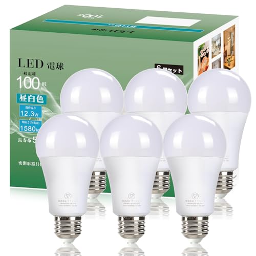 100W形 昼白色/-/FM-A6012W-AD・Color:100W形 昼白色・パッケージ個数:1・全光束:1580lm 電球100W相当 消費電力:12.3W 消費効率121lm/W・光色: 昼白色 5000K・設計寿命：40000時間(設計寿命は値ではありません)・本体サイズ：直径60×高さ120ミリ・配光角：220度 led 電球100W相当