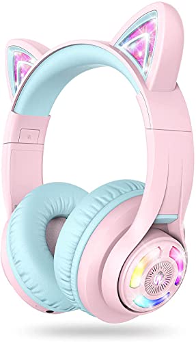 iClever 子供用ヘッドホン Bluetoothヘッドフォン 猫耳LEDライトアップワイヤレスキッズヘッドフォン 音量制限付き（74dB/8