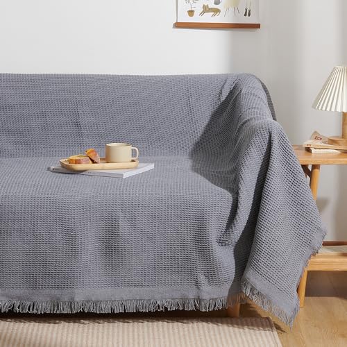 Sofa Covers - Atokazo ソファーカバー 北欧風 マルチカバー ソファカバー 肘付き 肘なし 多機能 ブランケット 綿 無地 リバーシブル フリンジ付き
