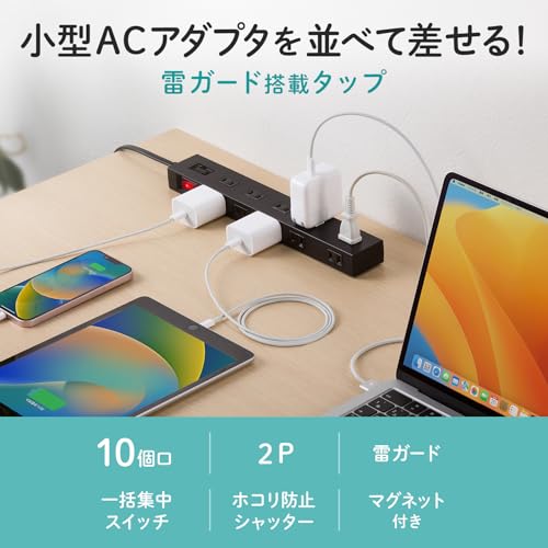 サンワサプライ 電源タップ 10個口・2P (2m) たくさん挿せるレイアウト 雷ガード マグネット ほこりシャッター 一括集中スイッチ スイン