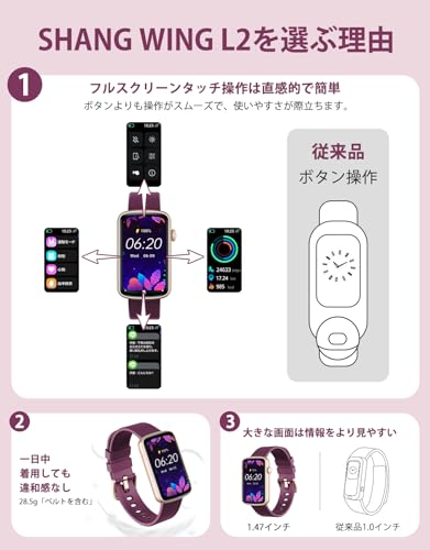 SHANG WING スマートウォッチ レディース iphone対応 アンドロイド対応 リストバンド型 腕時計 1.47インチ大画面 フルタッチ